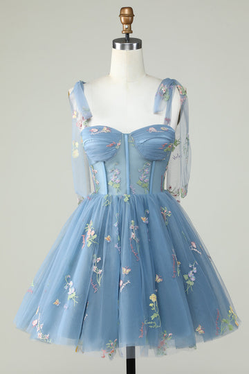 Cute A Line Spaghetti Straps Grey Blue Short Cocktail Dress with Appliques